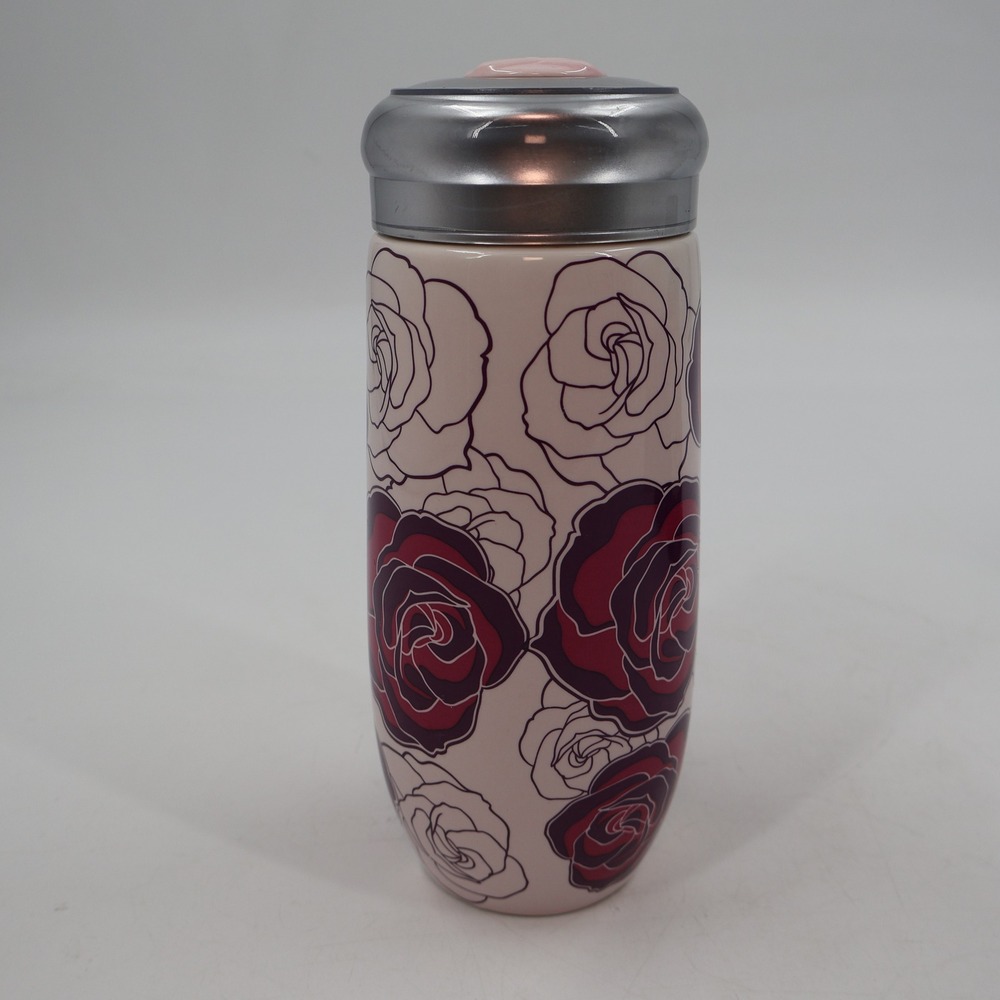 Teavana Starbucks Travel Tumbler OS Pink Burgundy Floral Rose Fine Stoneware